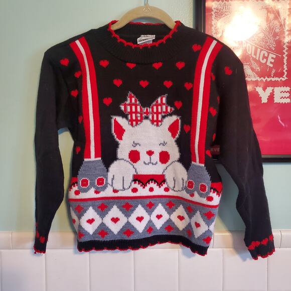 Vintage Fairy Kei Kawaii Kitty Kitten Cat Red Black White Sweater Kids Childrens - Picture 10 of 10
